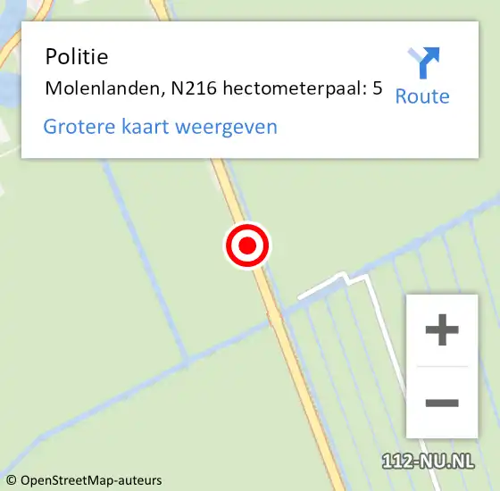 Locatie op kaart van de 112 melding: Politie Molenlanden, N216 hectometerpaal: 5 op 24 december 2024 12:39