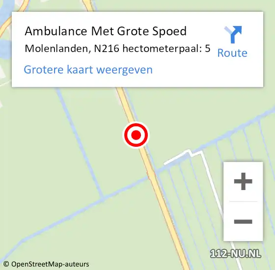 Locatie op kaart van de 112 melding: Ambulance Met Grote Spoed Naar Molenlanden, N216 hectometerpaal: 5 op 24 december 2024 12:39