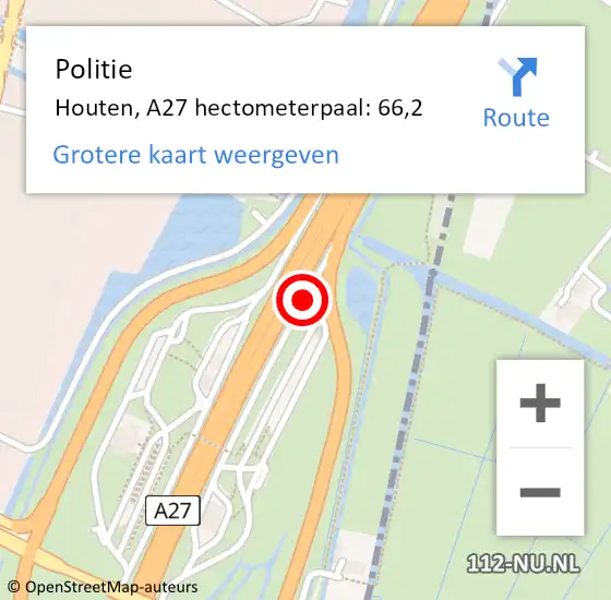 Locatie op kaart van de 112 melding: Politie Houten, A27 hectometerpaal: 66,2 op 24 december 2024 13:06