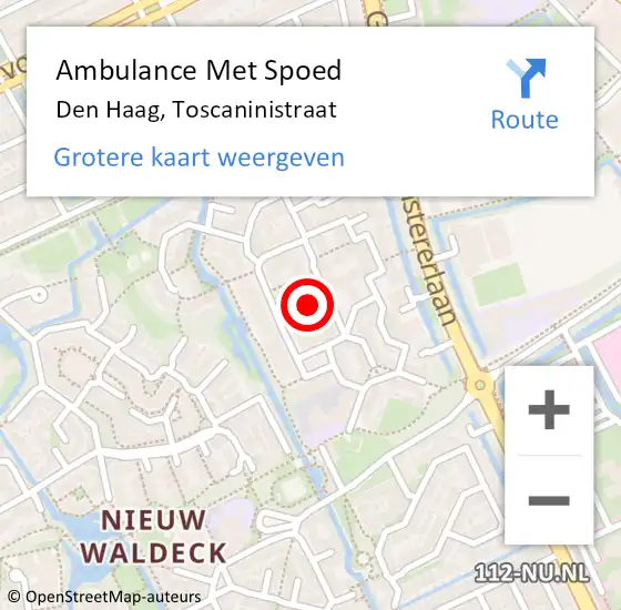 Locatie op kaart van de 112 melding: Ambulance Met Spoed Naar Den Haag, Toscaninistraat op 24 december 2024 13:11