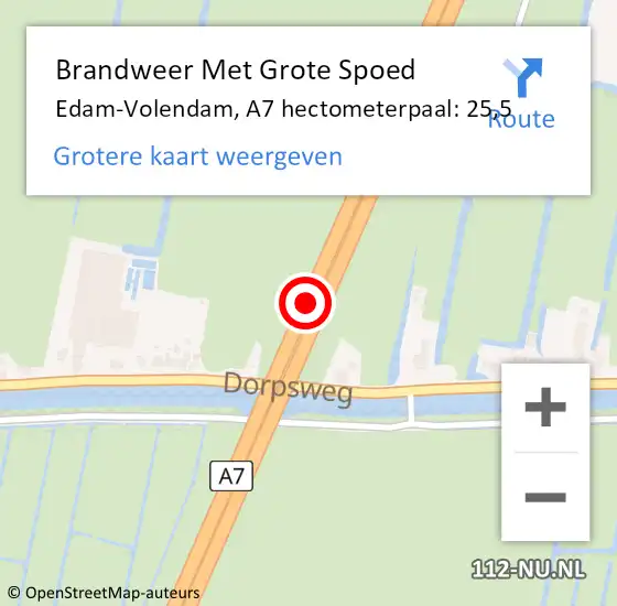 Locatie op kaart van de 112 melding: Brandweer Met Grote Spoed Naar Edam-Volendam, A7 hectometerpaal: 25,5 op 24 december 2024 13:34