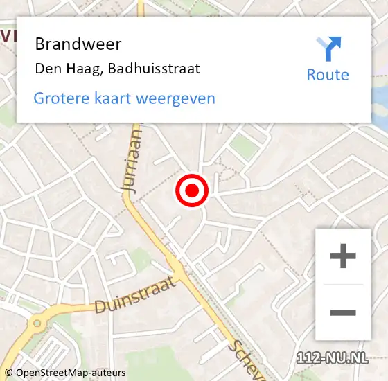 Locatie op kaart van de 112 melding: Brandweer Den Haag, Badhuisstraat op 24 december 2024 13:34