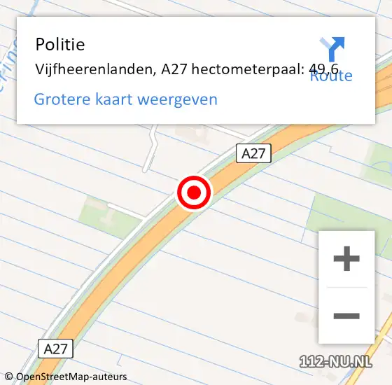 Locatie op kaart van de 112 melding: Politie Vijfheerenlanden, A27 hectometerpaal: 49,6 op 24 december 2024 13:56