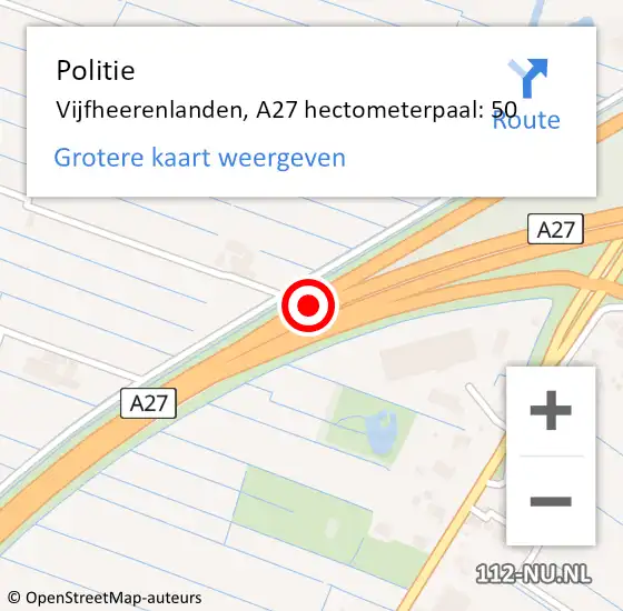 Locatie op kaart van de 112 melding: Politie Vijfheerenlanden, A27 hectometerpaal: 50 op 24 december 2024 13:56