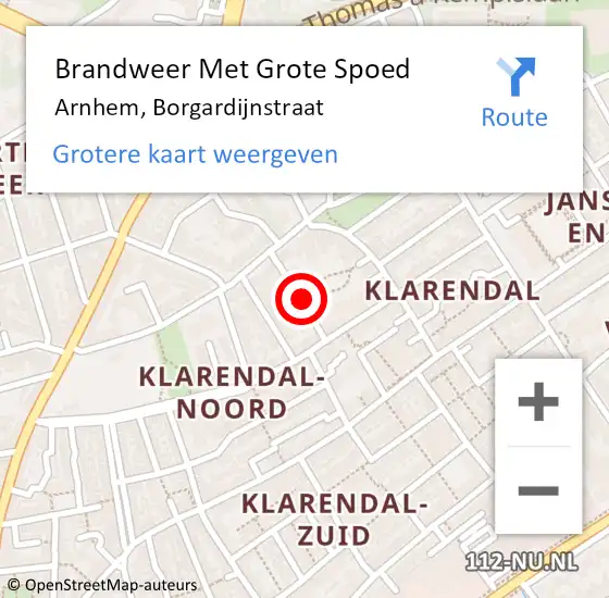 Locatie op kaart van de 112 melding: Brandweer Met Grote Spoed Naar Arnhem, Borgardijnstraat op 24 december 2024 15:09