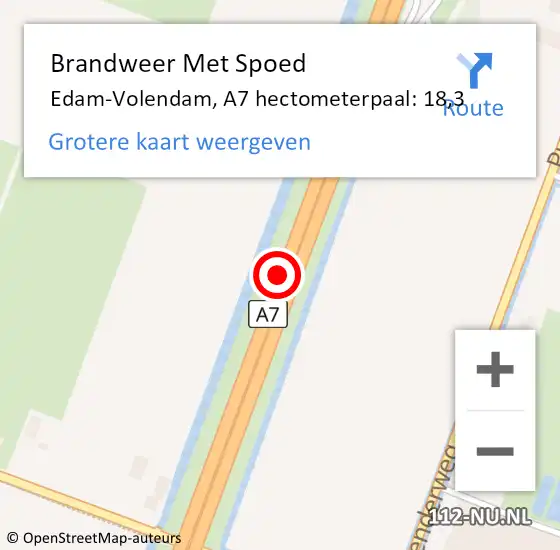 Locatie op kaart van de 112 melding: Brandweer Met Spoed Naar Edam-Volendam, A7 hectometerpaal: 18,3 op 24 december 2024 15:23