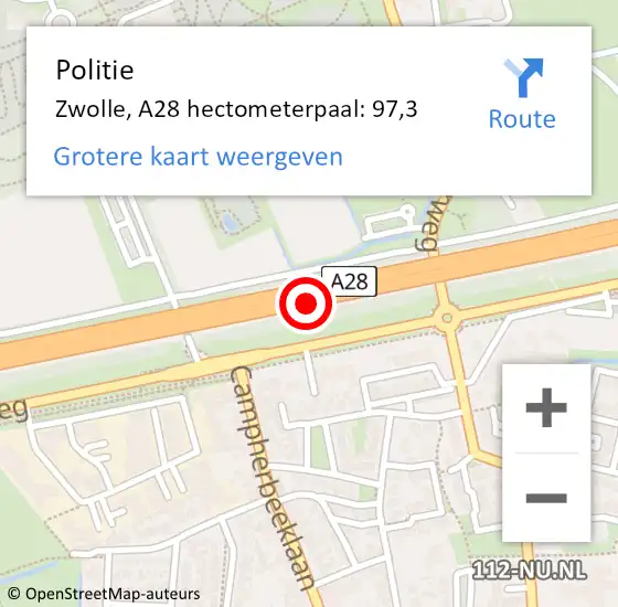 Locatie op kaart van de 112 melding: Politie Zwolle, A28 hectometerpaal: 97,3 op 24 december 2024 16:17