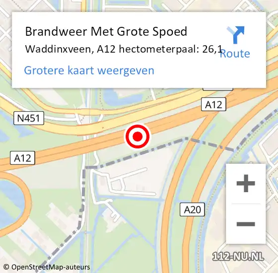 Locatie op kaart van de 112 melding: Brandweer Met Grote Spoed Naar Waddinxveen, A12 hectometerpaal: 26,1 op 24 december 2024 20:08