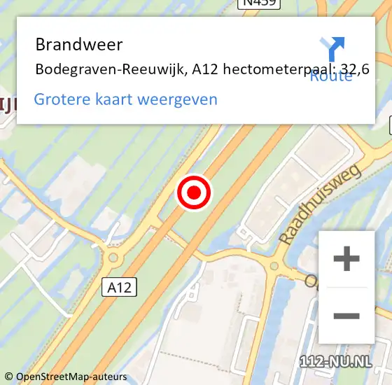 Locatie op kaart van de 112 melding: Brandweer Bodegraven-Reeuwijk, A12 hectometerpaal: 32,6 op 24 december 2024 21:12