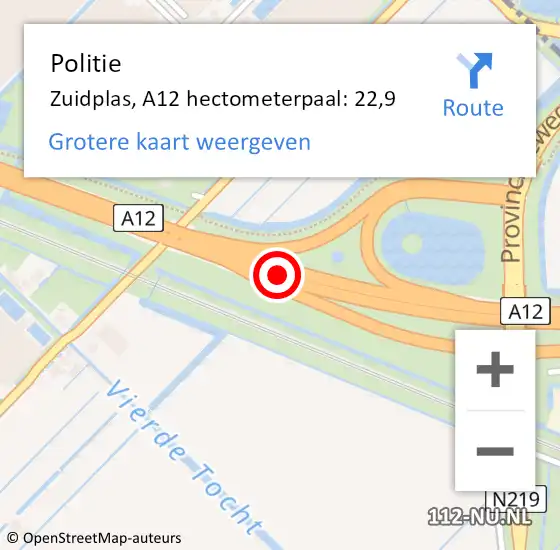 Locatie op kaart van de 112 melding: Politie Zuidplas, A12 hectometerpaal: 22,9 op 24 december 2024 21:13