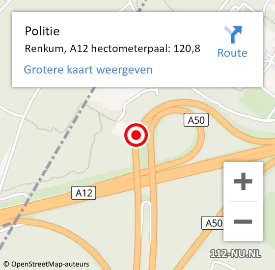 Locatie op kaart van de 112 melding: Politie Renkum, A12 hectometerpaal: 120,8 op 24 december 2024 21:40