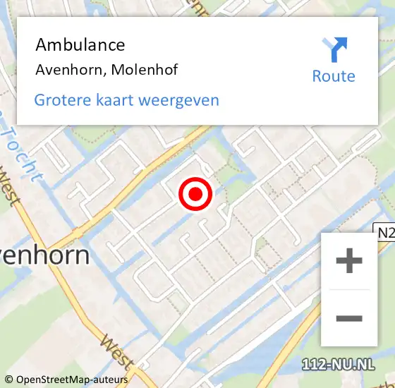 Locatie op kaart van de 112 melding: Ambulance Avenhorn, Molenhof op 25 december 2024 02:48