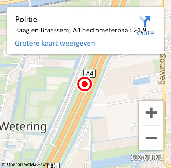 Locatie op kaart van de 112 melding: Politie Kaag en Braassem, A4 hectometerpaal: 21,9 op 25 december 2024 13:45