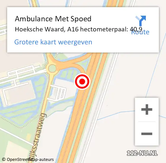 Locatie op kaart van de 112 melding: Ambulance Met Spoed Naar Hoeksche Waard, A16 hectometerpaal: 40,9 op 25 december 2024 13:51