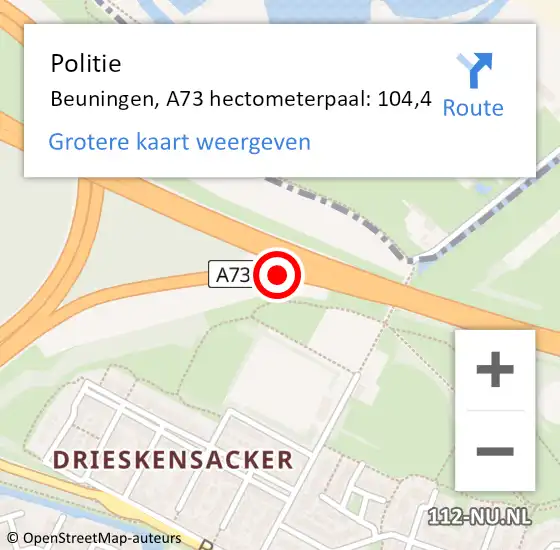 Locatie op kaart van de 112 melding: Politie Beuningen, A73 hectometerpaal: 104,4 op 25 december 2024 15:16