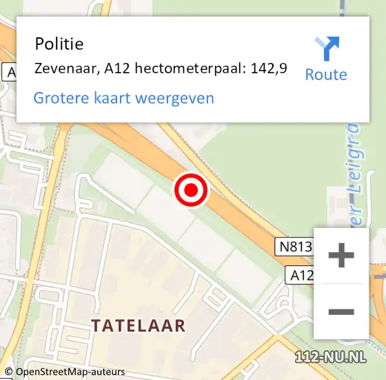 Locatie op kaart van de 112 melding: Politie Zevenaar, A12 hectometerpaal: 142,9 op 25 december 2024 19:05