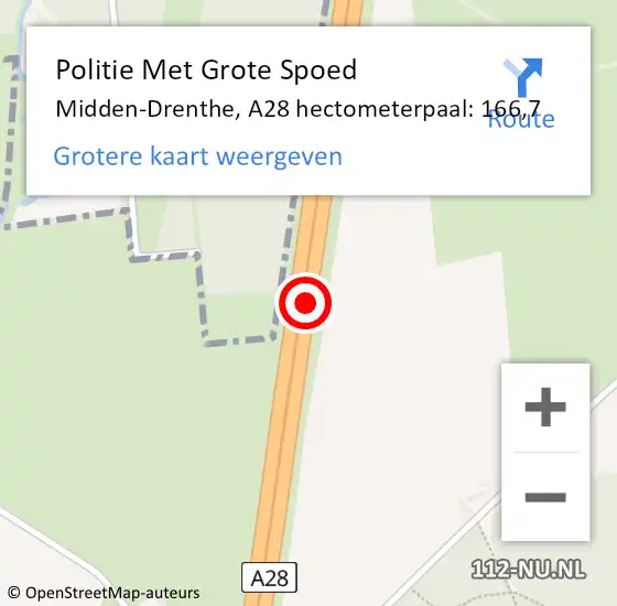 Locatie op kaart van de 112 melding: Politie Met Grote Spoed Naar Midden-Drenthe, A28 hectometerpaal: 166,7 op 25 december 2024 23:48