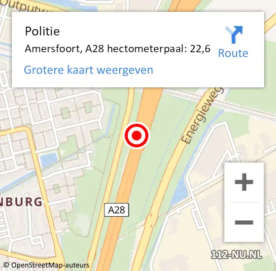 Locatie op kaart van de 112 melding: Politie Amersfoort, A28 hectometerpaal: 22,6 op 26 december 2024 11:10