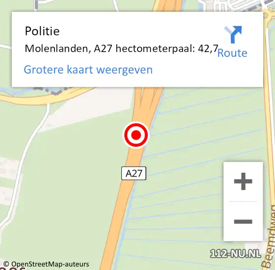 Locatie op kaart van de 112 melding: Politie Molenlanden, A27 hectometerpaal: 42,7 op 26 december 2024 12:47