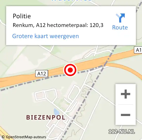 Locatie op kaart van de 112 melding: Politie Renkum, A12 hectometerpaal: 120,3 op 26 december 2024 14:36