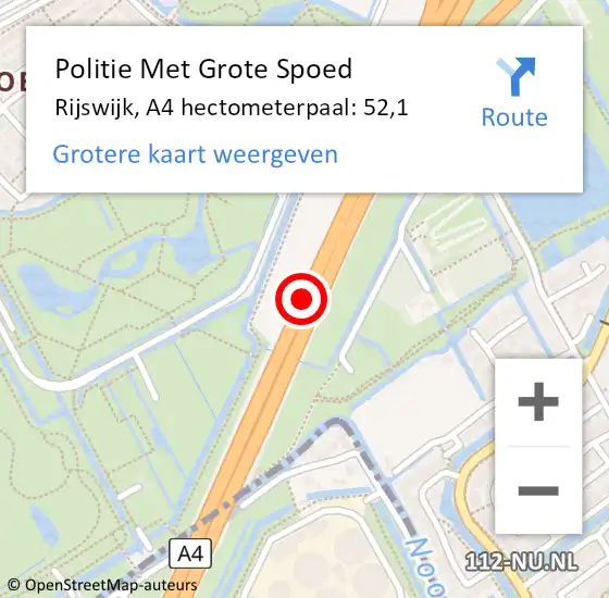 Locatie op kaart van de 112 melding: Politie Met Grote Spoed Naar Rijswijk, A4 hectometerpaal: 52,1 op 26 december 2024 14:57