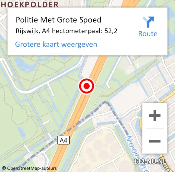 Locatie op kaart van de 112 melding: Politie Met Grote Spoed Naar Rijswijk, A4 hectometerpaal: 52,2 op 26 december 2024 14:59