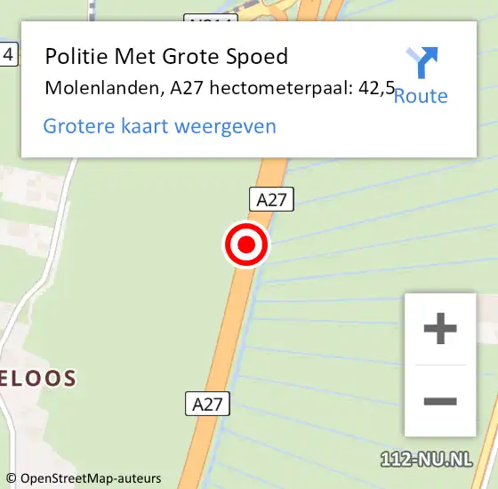 Locatie op kaart van de 112 melding: Politie Met Grote Spoed Naar Molenlanden, A27 hectometerpaal: 42,5 op 26 december 2024 15:09