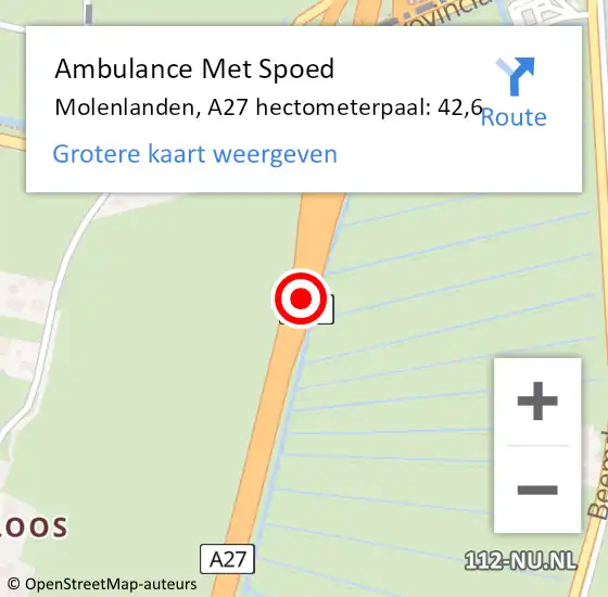 Locatie op kaart van de 112 melding: Ambulance Met Spoed Naar Molenlanden, A27 hectometerpaal: 42,6 op 26 december 2024 15:17