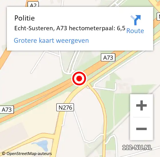 Locatie op kaart van de 112 melding: Politie Echt-Susteren, A73 hectometerpaal: 6,5 op 26 december 2024 15:49