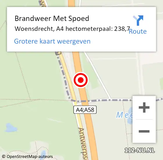 Locatie op kaart van de 112 melding: Brandweer Met Spoed Naar Woensdrecht, A4 hectometerpaal: 238,7 op 26 december 2024 16:32