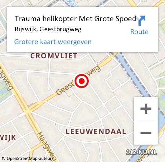 Locatie op kaart van de 112 melding: Trauma helikopter Met Grote Spoed Naar Rijswijk, Geestbrugweg op 26 december 2024 18:27