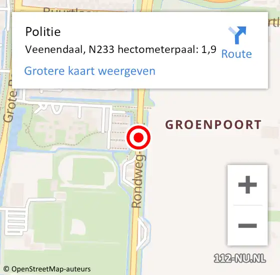 Locatie op kaart van de 112 melding: Politie Veenendaal, N233 hectometerpaal: 1,9 op 26 december 2024 18:36