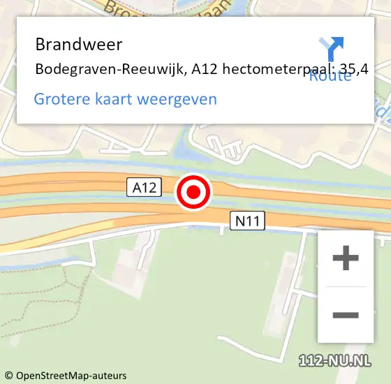 Locatie op kaart van de 112 melding: Brandweer Bodegraven-Reeuwijk, A12 hectometerpaal: 35,4 op 26 december 2024 19:56