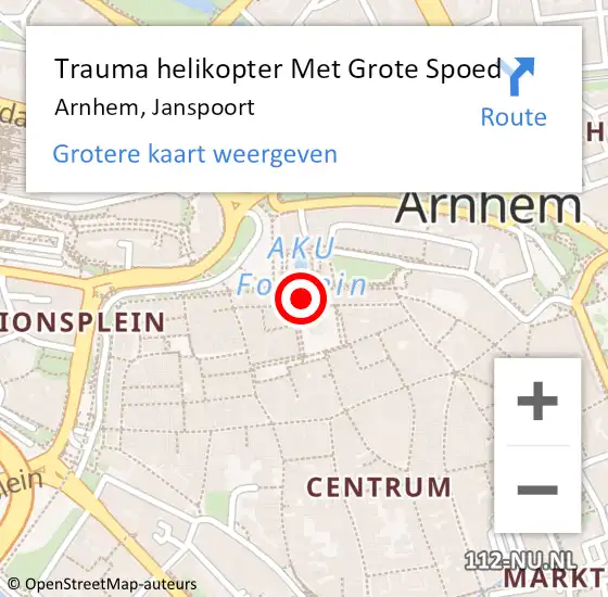 Locatie op kaart van de 112 melding: Trauma helikopter Met Grote Spoed Naar Arnhem, Janspoort op 27 december 2024 01:31