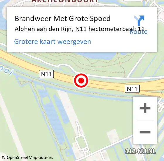 Locatie op kaart van de 112 melding: Brandweer Met Grote Spoed Naar Alphen aan den Rijn, N11 hectometerpaal: 11 op 27 december 2024 06:53