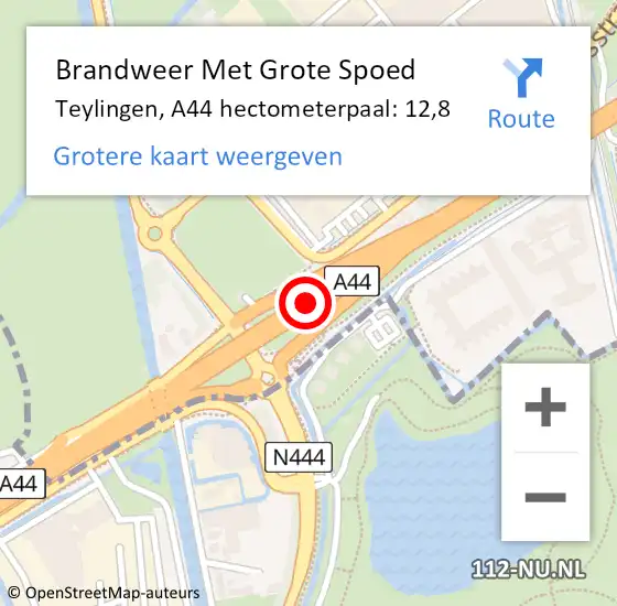 Locatie op kaart van de 112 melding: Brandweer Met Grote Spoed Naar Teylingen, A44 hectometerpaal: 12,8 op 27 december 2024 06:56