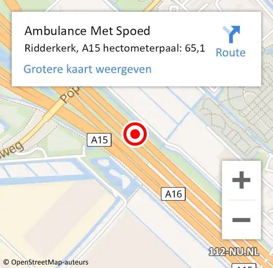 Locatie op kaart van de 112 melding: Ambulance Met Spoed Naar Ridderkerk, A15 hectometerpaal: 65,1 op 27 december 2024 10:48