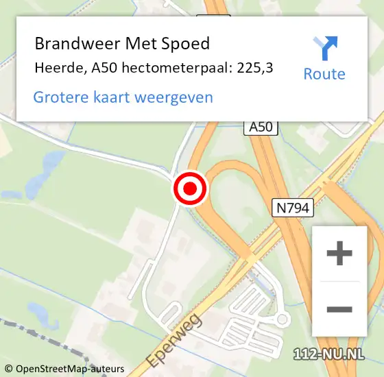 Locatie op kaart van de 112 melding: Brandweer Met Spoed Naar Heerde, A50 hectometerpaal: 225,3 op 27 december 2024 12:20