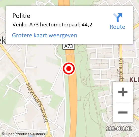 Locatie op kaart van de 112 melding: Politie Venlo, A73 hectometerpaal: 44,2 op 27 december 2024 12:36