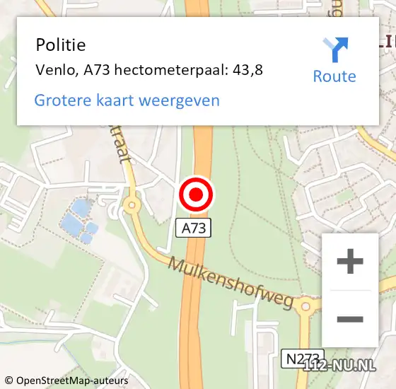 Locatie op kaart van de 112 melding: Politie Venlo, A73 hectometerpaal: 43,8 op 27 december 2024 12:37