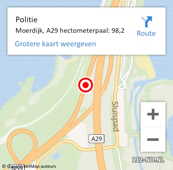 Locatie op kaart van de 112 melding: Politie Moerdijk, A29 hectometerpaal: 98,2 op 27 december 2024 12:47