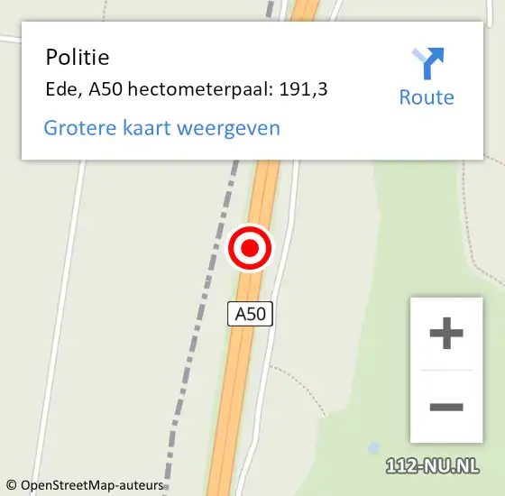 Locatie op kaart van de 112 melding: Politie Ede, A50 hectometerpaal: 191,3 op 27 december 2024 12:58