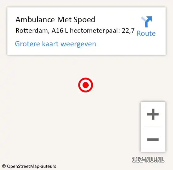 Locatie op kaart van de 112 melding: Ambulance Met Spoed Naar Rotterdam, A16 L hectometerpaal: 22,7 op 31 oktober 2014 18:47