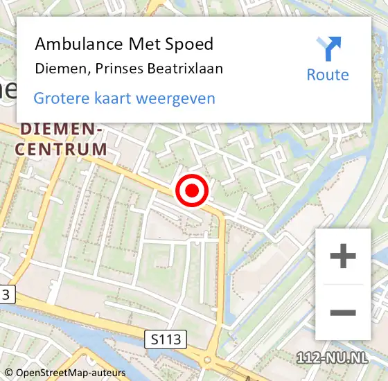 Locatie op kaart van de 112 melding: Ambulance Met Spoed Naar Diemen, Prinses Beatrixlaan op 27 december 2024 15:31