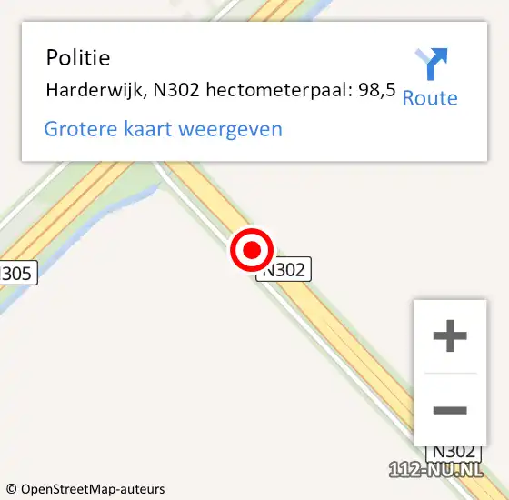 Locatie op kaart van de 112 melding: Politie Harderwijk, N302 hectometerpaal: 98,5 op 27 december 2024 15:54