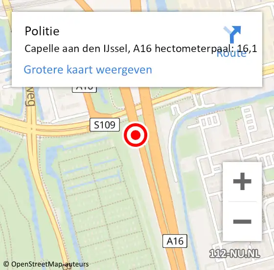 Locatie op kaart van de 112 melding: Politie Capelle aan den IJssel, A16 hectometerpaal: 16,1 op 27 december 2024 17:33