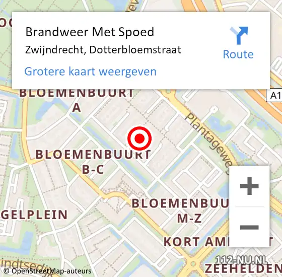 Locatie op kaart van de 112 melding: Brandweer Met Spoed Naar Zwijndrecht, Dotterbloemstraat op 27 december 2024 18:09