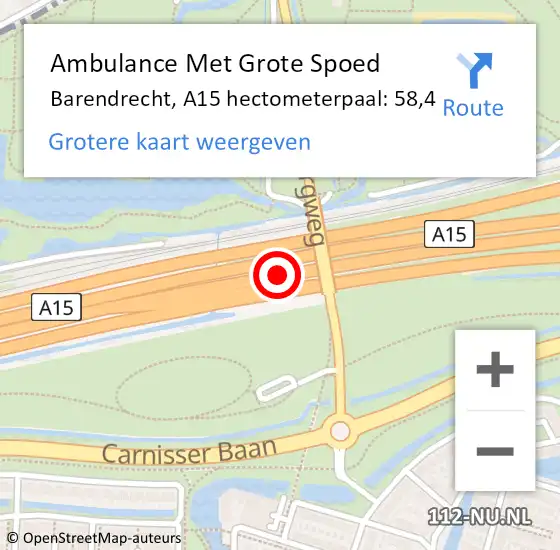 Locatie op kaart van de 112 melding: Ambulance Met Grote Spoed Naar Barendrecht, A15 hectometerpaal: 58,4 op 27 december 2024 19:10