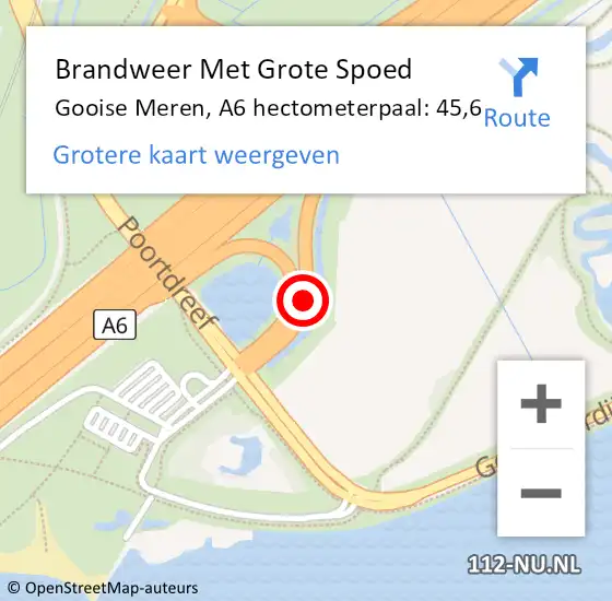 Locatie op kaart van de 112 melding: Brandweer Met Grote Spoed Naar Gooise Meren, A6 hectometerpaal: 45,6 op 27 december 2024 19:14