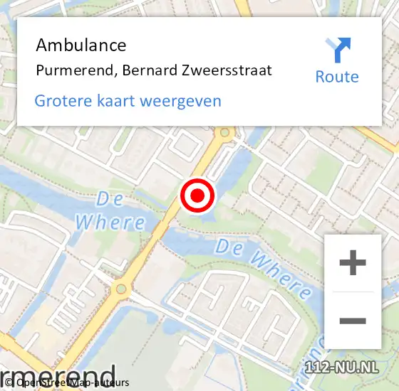 Locatie op kaart van de 112 melding: Ambulance Purmerend, Bernard Zweersstraat op 27 december 2024 20:52